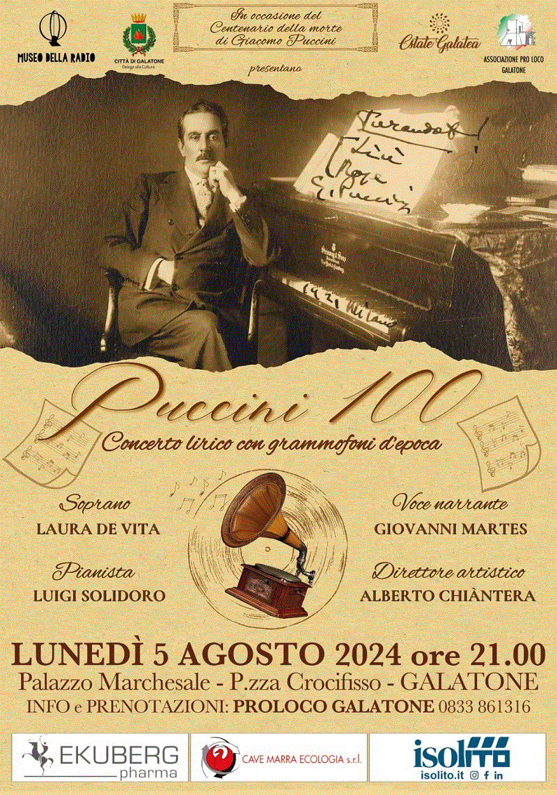 locandina concerto lirico con grammofoni d’epoca a Galatone dal titolo Puccini 100